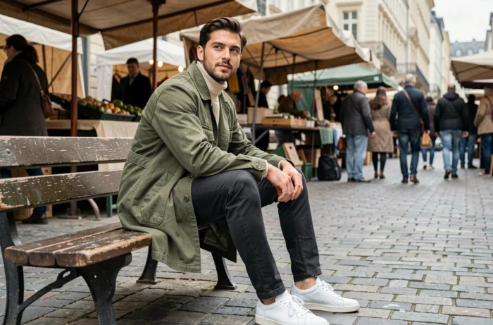Homme stylé en manteau chore coat olive assis dans un marché urbain en plein air