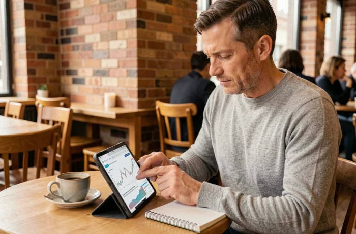 Homme consultant un site d'informations financières sur une tablette dans un café urbain