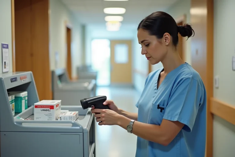 Infirmière en EHPAD scannant un médicament avec un lecteur de codes-barres pour la traçabilité numérique Netsoins DomusVi