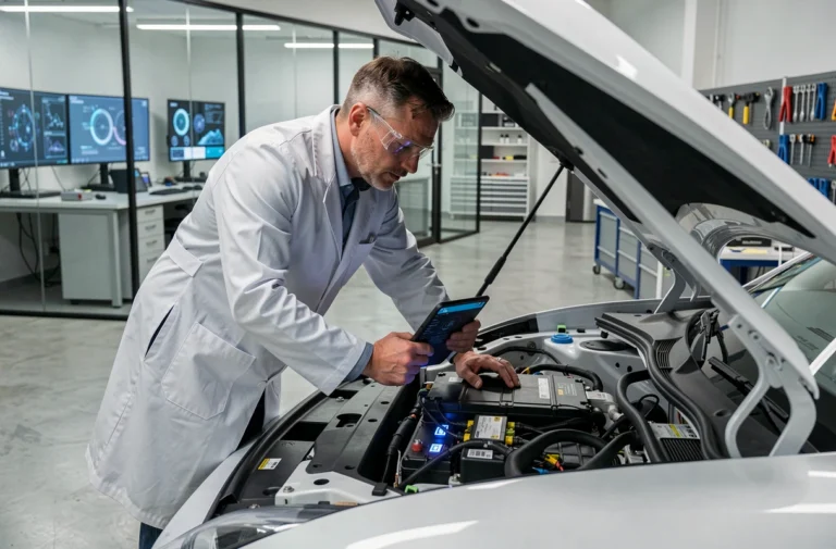 Ingénieur automobile examinant le système de batterie d'un véhicule électrique prototype dans un laboratoire de recherche automobile moderne