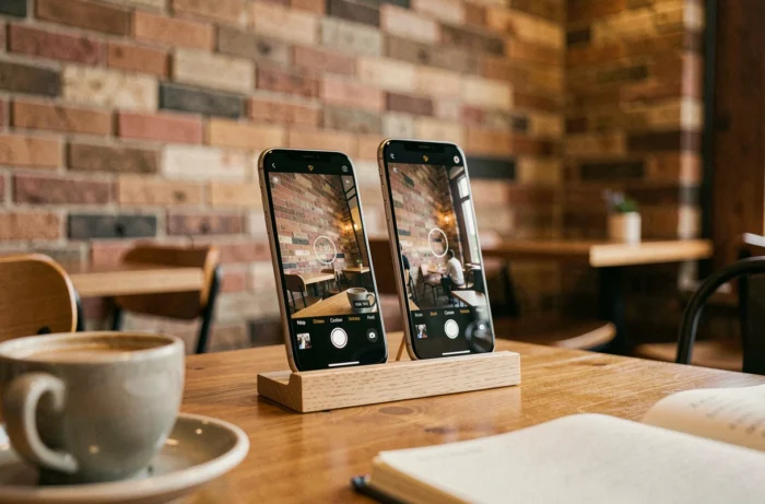 iPhone 7 et iPhone 7 Plus comparés sur une table de café avec double objectif visible