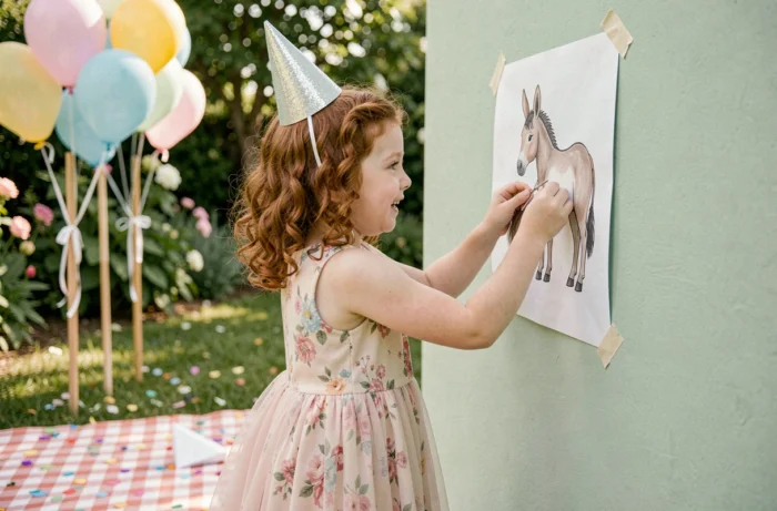 Petite fille jouant à un jeu d'anniversaire original dans un jardin décoré de ballons et confettis lors d'une fête enfantine