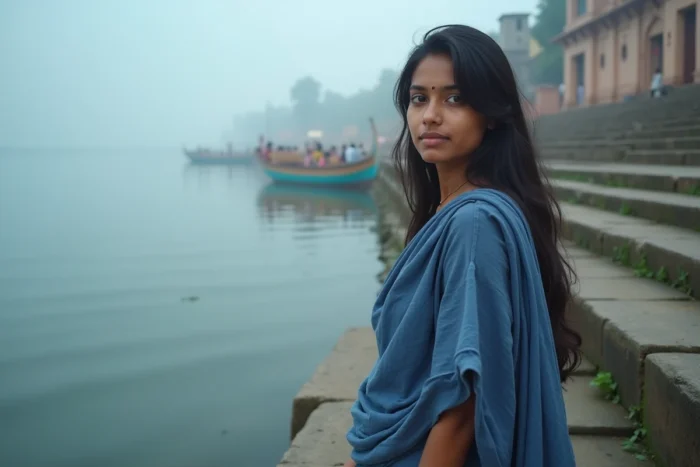 Jeune femme indienne en salwar kameez indigo contemplant le Gange depuis les ghats de Varanasi au petit matin