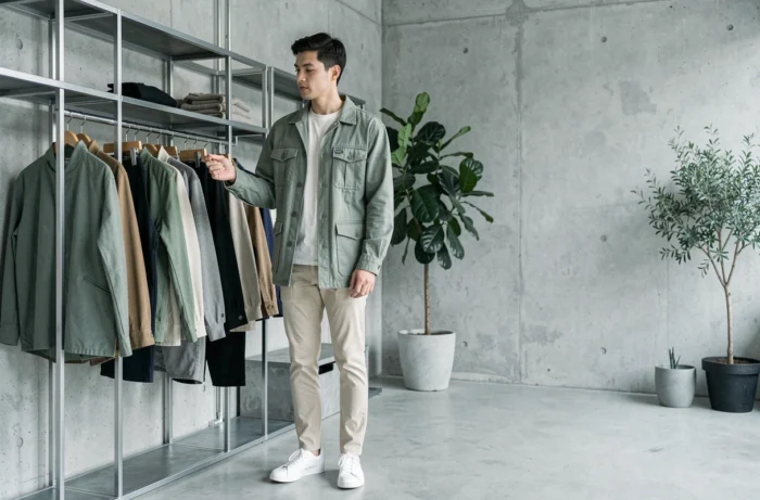 Jeune homme en veste utility verte dans un concept store minimaliste, tendances mode masculine contemporaine