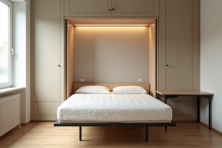 Lit escamotable mural déplié dans un studio parisien compact avec structure en bois et matelas blanc texturé