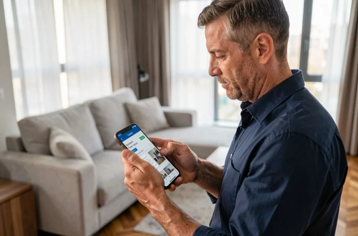 Locataire consultant ses documents de location sur l'application mobile MyFoncia depuis son appartement