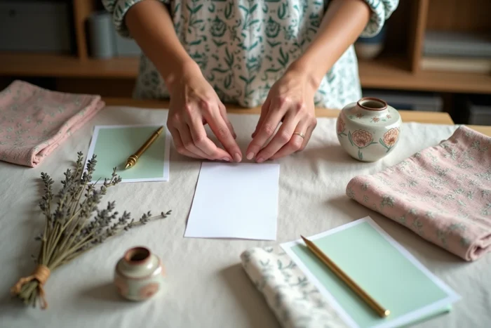 Mains de créatrice arrangeant des cartes illustrées et tissus à motifs floraux sur un bureau en chêne, nouveautés artisanales Owly Mary
