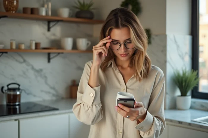 Jeune femme faisant son maquillage rapide dans une cuisine moderne au style contemporain