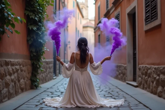 Mariée en robe de mariée bohème tenant un fumigène violet dans une ruelle pavée européenne pour une photo de mariage créative