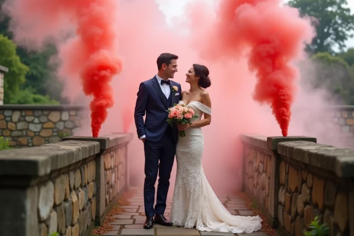 Mariés sur un pont en pierre entourés de fumigènes colorés corail et magenta lors d'une séance photo de mariage en extérieur