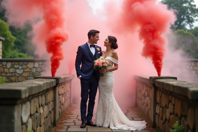 Mariés sur un pont en pierre entourés de fumigènes colorés corail et magenta lors d'une séance photo de mariage en extérieur