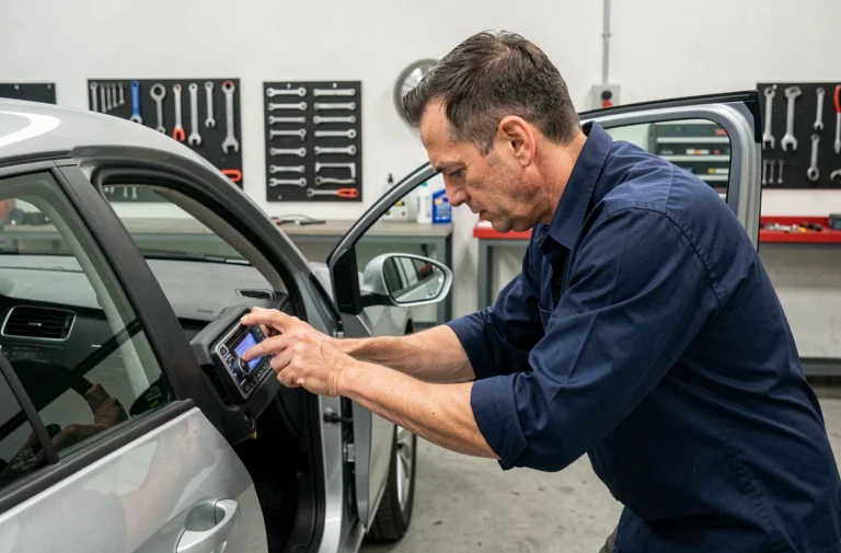 Mécanicien entrant le code autoradio Volkswagen Golf dans un atelier automobile professionnel