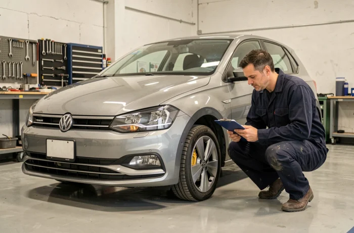 Mécanicien inspectant la suspension d'une Volkswagen Polo 6R grise dans un atelier automobile européen