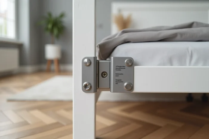 Détail du mécanisme de charnière et de bras porteur d'un lit escamotable avec étiquette de capacité de charge