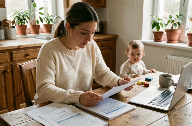 Jeune mère consultant des documents CAF à la maison pour prolonger son congé parental