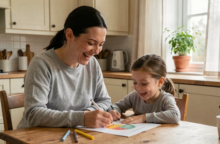 Mère aidant sa fille à dessiner à la table de la cuisine, moment de complicité familiale du quotidien