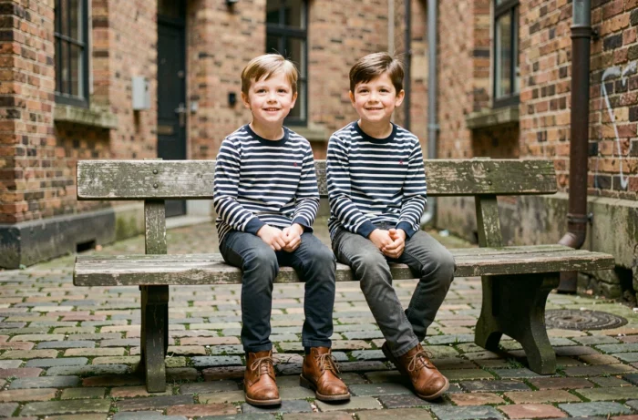 Deux jeunes garçons en tenues coordonnées rayées et chinos dans une cour urbaine en briques, inspiration mode garçon tendance automne-hiver