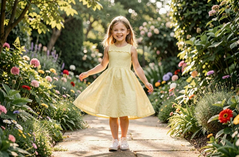 Petite fille en robe en lin pastel jaune qui tourbillonne dans un jardin botanique, mode enfantine tendance printemps-été