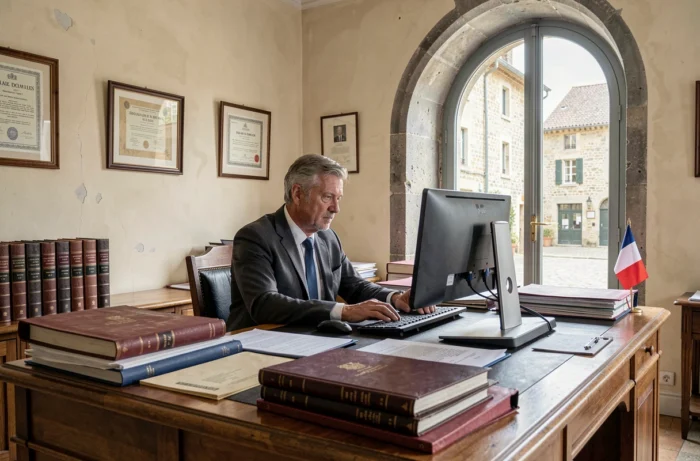 Officier d'état civil enregistrant une publication de bans dans un bureau de mairie en France