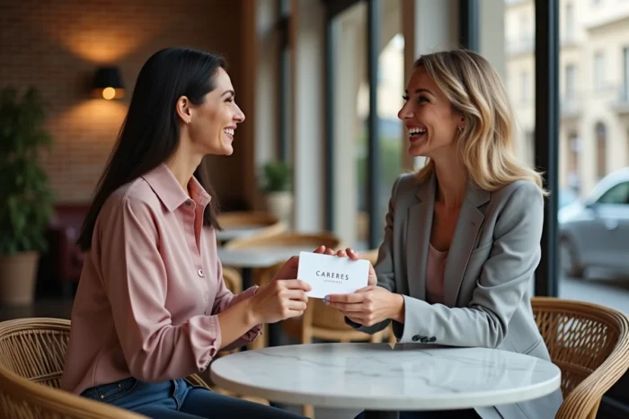 Deux femmes s'échangeant une carte cadeau Galeries Lafayette dans un café parisien chaleureux
