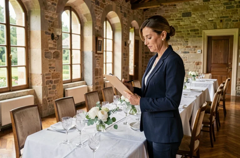 Organisatrice d'événement privé vérifiant les arrangements de table dans un château français élégant