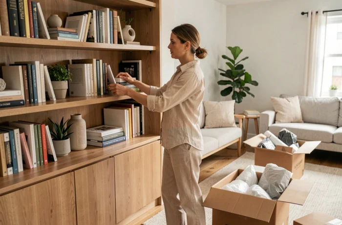 Organisatrice professionnelle arrangeant des objets sur une étagère dans un appartement nouvellement aménagé
