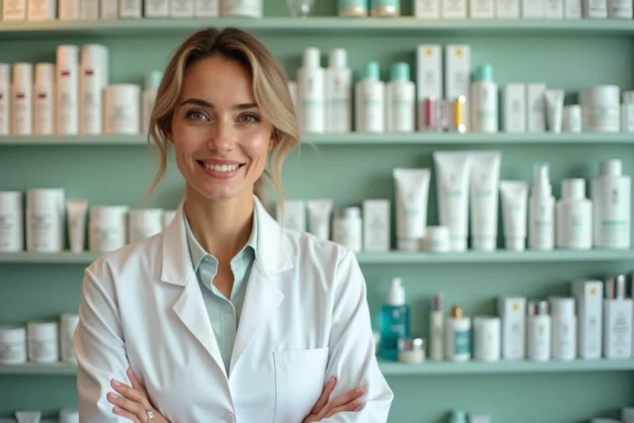 Pharmacienne française dans une parapharmacie présentant des produits de soin dermocosmétiques sur des étagères bien organisées