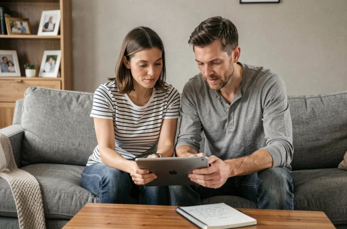 Couple de parents consultant ensemble une tablette sur le canapé pour organiser le quotidien familial