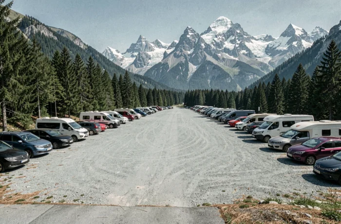 Grand parking gratuit à Chamonix avec vue sur le massif du Mont Blanc et des forêts de pins environnantes