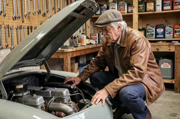Homme passionné de voitures anciennes inspectant le moteur d'une Porsche 356 Speedster 1958 dans un atelier de garage vintage