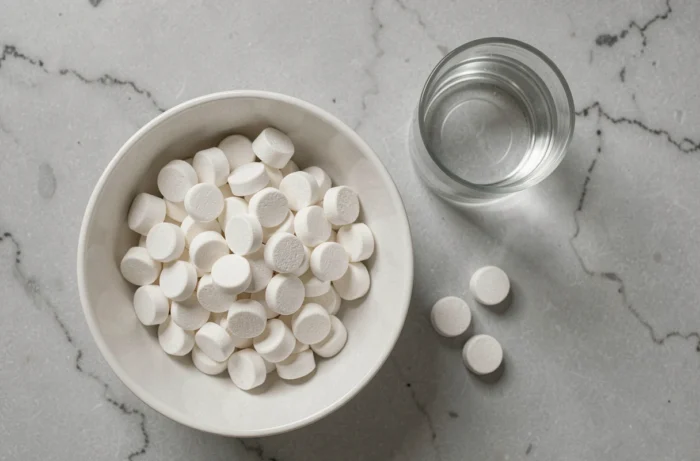Bol de pastilles de Vichy blanches posé sur un comptoir en marbre gris avec un verre d'eau, vue de dessus