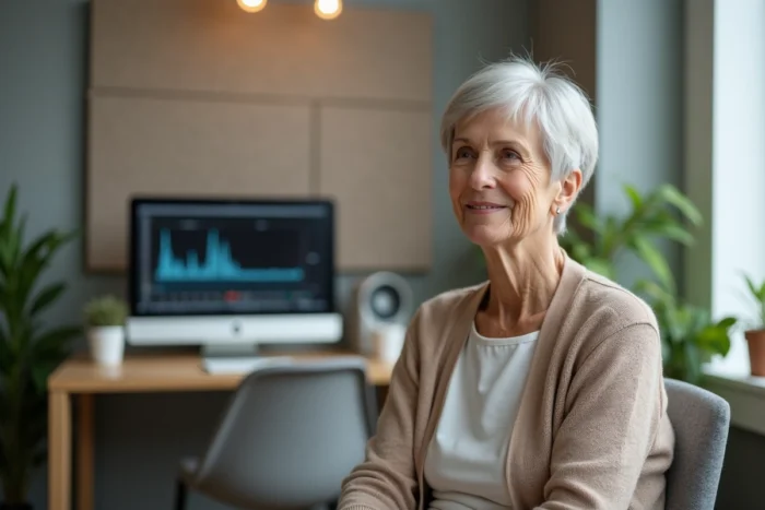 Femme senior souriante lors d'un bilan auditif chez un audioprothésiste professionnel