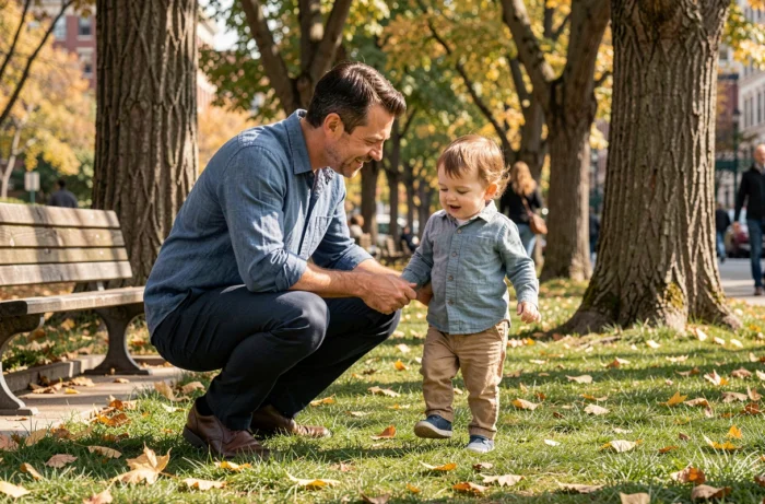 Père aidant son enfant en bas âge à marcher dans un parc urbain en automne, parentalité bienveillante