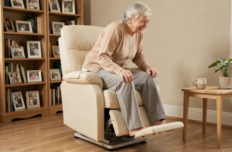 Personne âgée se levant d'un fauteuil releveur électrique dans un salon confortable
