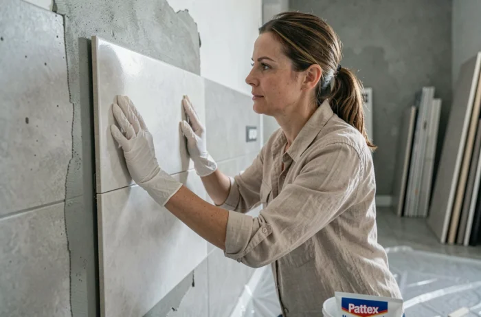 Femme posant un carreau de carrelage avec de la colle Pattex Montage Classic dans une salle de bain en cours de rénovation