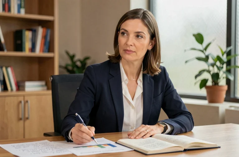 Femme professionnelle réfléchissant à une prise de décision importante dans son bureau, entourée de notes et de documents