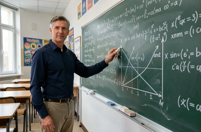 Professeur de mathématiques expliquant la formule trigonométrique sin a cos b au tableau noir en classe
