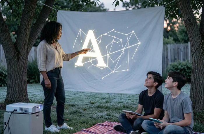 Éducatrice projetant des lettres de l'alphabet et des constellations sur un écran en plein air, devant des enfants assis sur une couverture de pique-nique dans un jardin