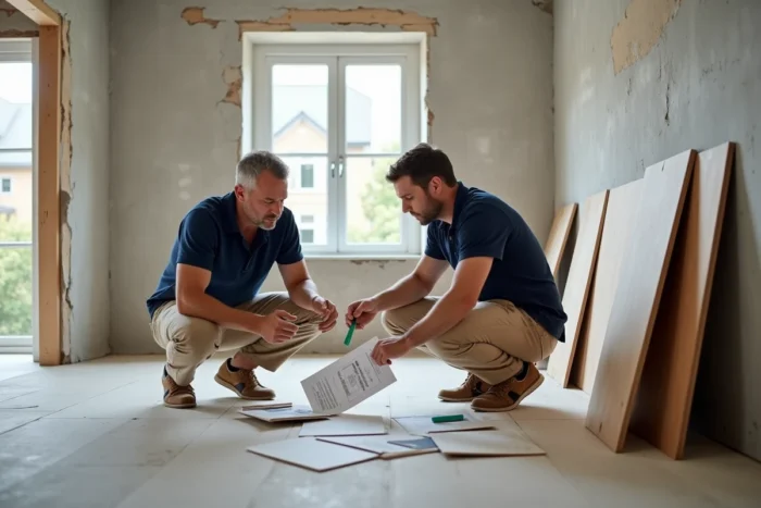 Propriétaire et entrepreneur examinant des matériaux de rénovation pour des travaux financés via un PEL
