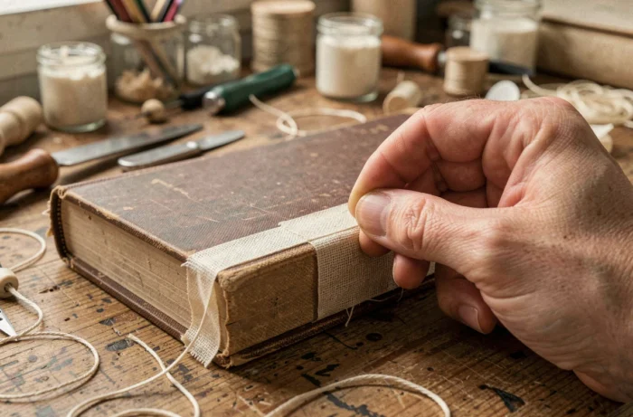 Restauration de la tranche d'un livre ancien avec du ruban de lin archivistique sur un établi de relieur en chêne