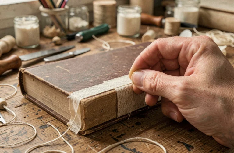 Restauration de la tranche d'un livre ancien avec du ruban de lin archivistique sur un établi de relieur en chêne