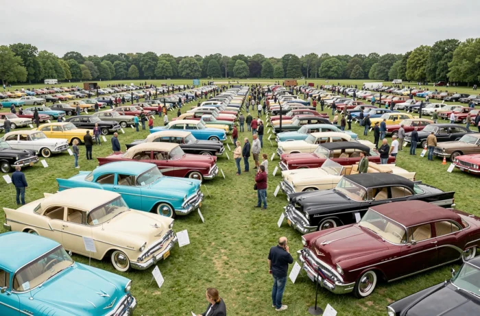 Rassemblement de voitures anciennes et de collection dans un parc public avec visiteurs admirant des modèles classiques des années 1930 à 1970