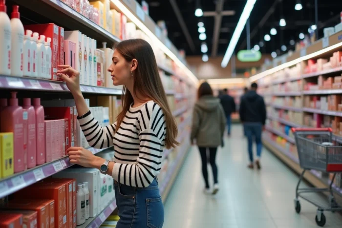 Jeune femme française comparant des produits de beauté grande surface dans un rayon cosmétiques de supermarché