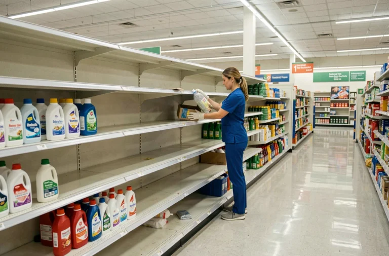 Rayon de produits ménagers presque vide en supermarché illustrant la pénurie de Domestos et autres désinfectants