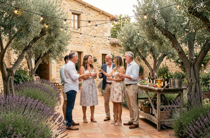 Groupe d'invités lors d'une réception cocktail en plein air dans une cour provençale