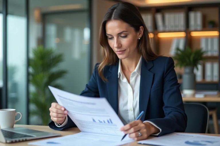 Professionnelle en blazer marine annotant un rapport d'activité sur un bureau de bureau moderne