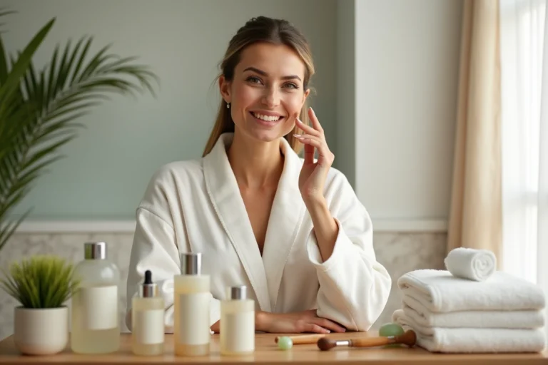 Femme appliquant un sérum sur son visage lors d'une routine beauté matinale devant un vanity en bois