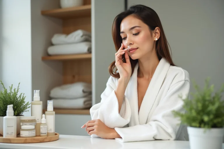 Femme appliquant sa routine skincare devant un miroir dans une salle de bain scandinave épurée