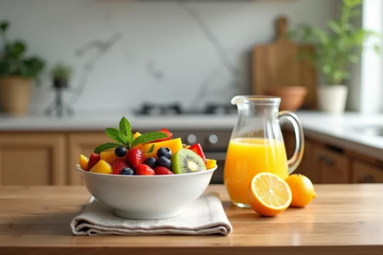 Salade de fruits colorée dans un bol en céramique avec un pichet de jus d'orange frais sur une table en bois