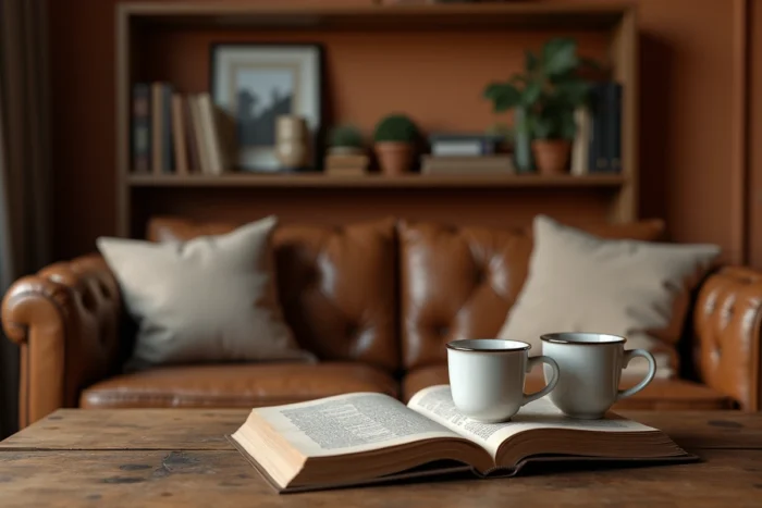Intérieur de salon intime avec deux tasses de café et des livres, symbolisant la vie domestique secrète et cultivée d'un couple parisien discret